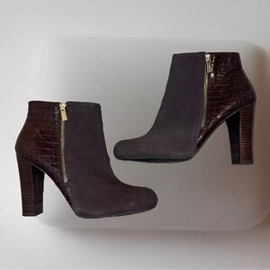 Iman Brown Boots Sz 10 Zip Up 4'' High Heel Ankle Reptile Bootie Party Office